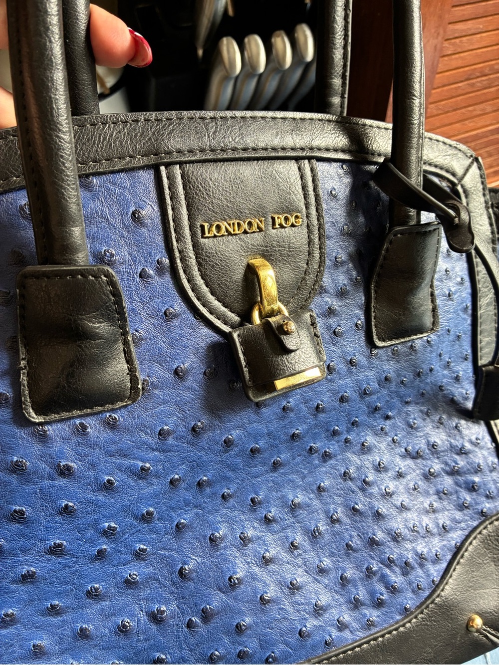 London Fog Blue and Black Textured Tote with Gold Hardware